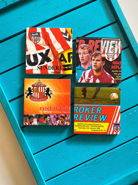 Vintage Sunderland Football Programme Coasters. Upcycled Black Cats Football Gift. Man Cave Home Decor. Retro Football Gift for Dad.