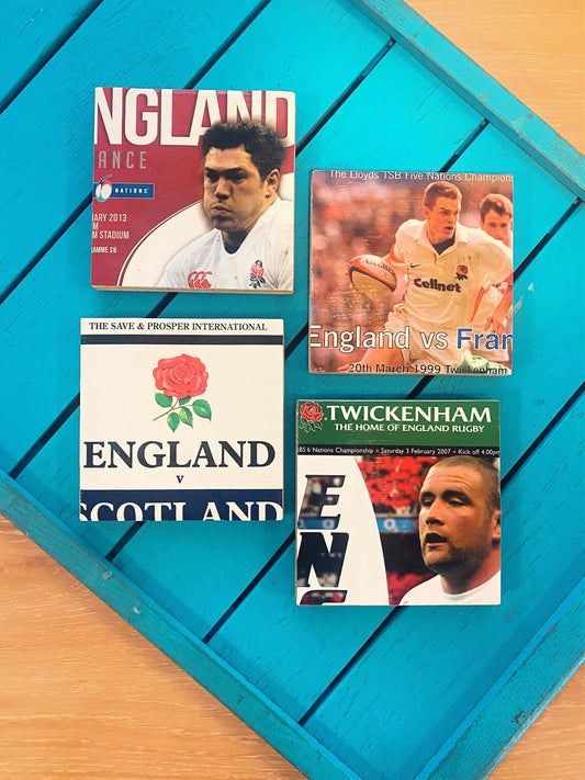 Vintage England Rugby Programme Coasters. Upcycled Rugby Gift. Man Cave Home Decor. Retro Rugby Gift for Dad. Twickenham. Rugby World Cup.