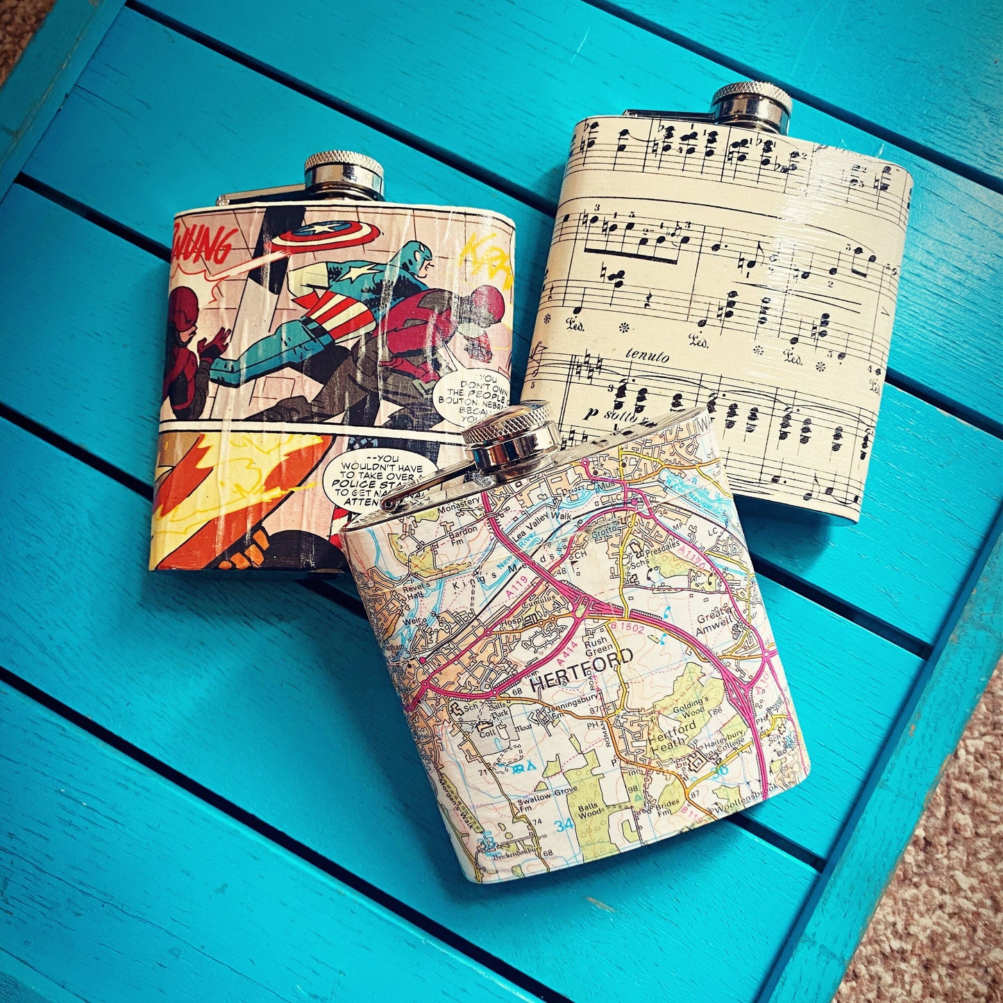 Personalised Hip Flask. Custom Made Upcycled Gift for Him. Vintage Map Hip Flask. Comic Book Hip Flask. Music Decoupage. Groomsman Gift.