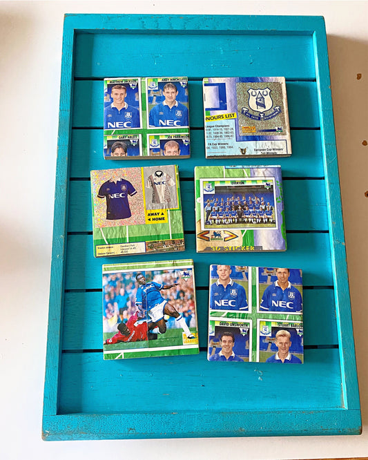 Vintage Sticker Book Everton Football Coasters. Upcycled Football Gift. Man Cave Home Decor. Retro Football Gift for Dad.