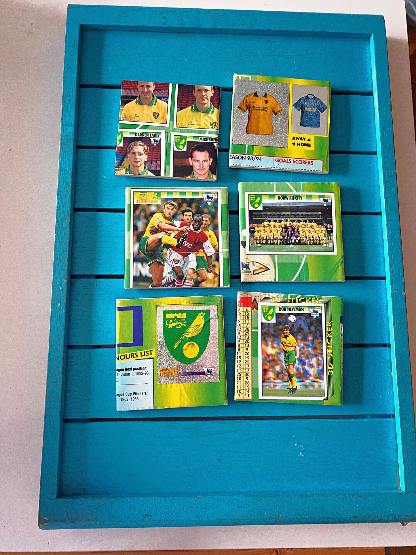 Vintage Sticker Book Norwich City Football Coasters. Upcycled Football Gift. Man Cave Home Decor. Retro Football Gift for Dad.