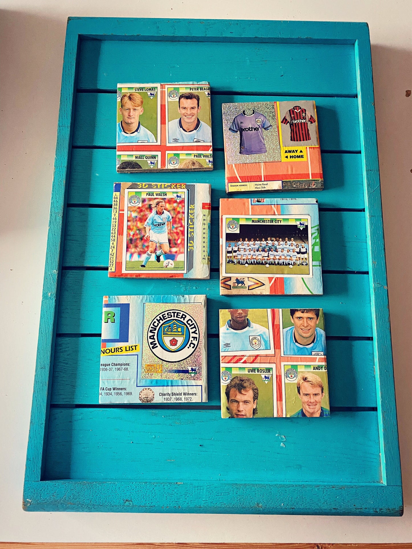 Vintage Sticker Book Manchester City Football Coasters. Upcycled Football Gift. Man Cave Home Decor. Retro Football Gift for Dad. Man City