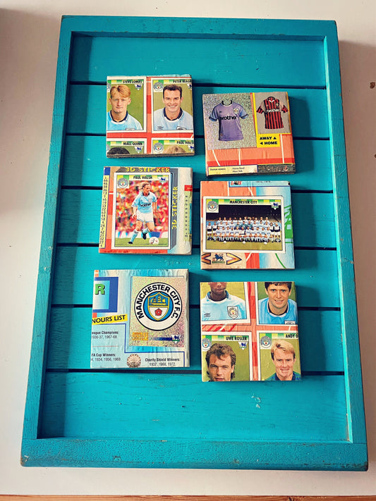Vintage Sticker Book Manchester City Football Coasters. Upcycled Football Gift. Man Cave Home Decor. Retro Football Gift for Dad. Man City