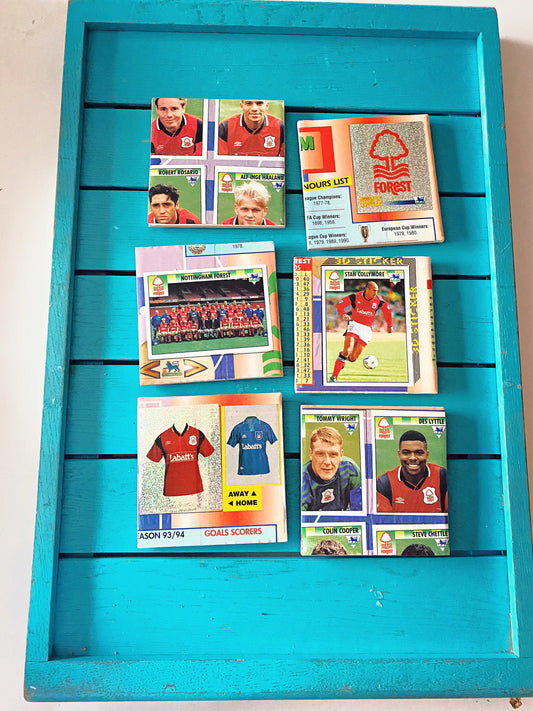 Vintage Sticker Book Nottingham Forest Football Coasters. Upcycled Football Gift. Man Cave Home Decor. Retro Football Gift for Dad.