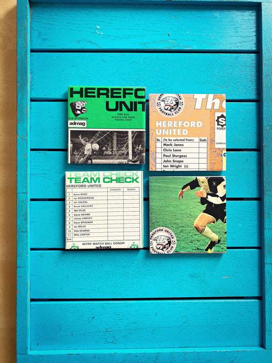 Vintage Hereford United Football Programme Coasters. Upcycled Football Gift. Man Cave Home Decor. Retro Football Gift for Dad.
