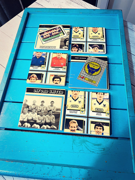 Vintage Oxford United Sticker Book Football Coasters. Upcycled Yellows Football Gift. Man Cave Home Decor. Retro Football Gift for Dad. 80s