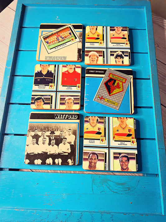 Vintage Watford FC Sticker Book Football Coasters. Upcycled Hornets Football Gift. Man Cave Home Decor. Retro Football Gift for Dad. 80s