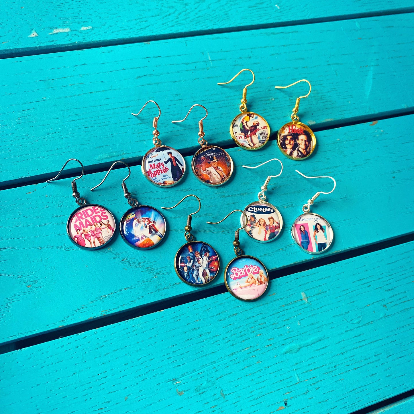 Christmas Movie Poster Earrings. Necklace. Holiday Film Jewellery. Elf. Santa Clause. Grinch. Home Alone. It's a Wonderful Life. Muppets.