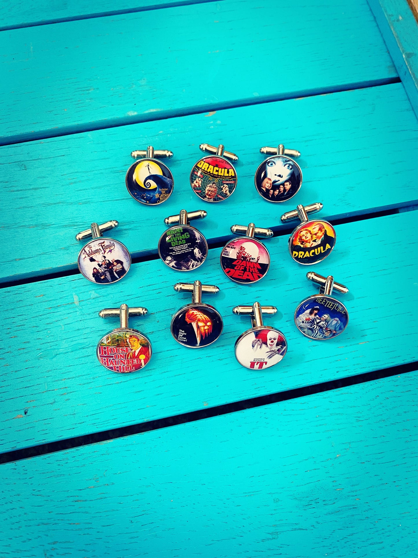 Halloween Movie Poster Cufflinks. Tie Clips. Pocket Watch. Scary Film. Horror Movies. Dracula. Frankenstein. Halloween Costume. Beetlejuice