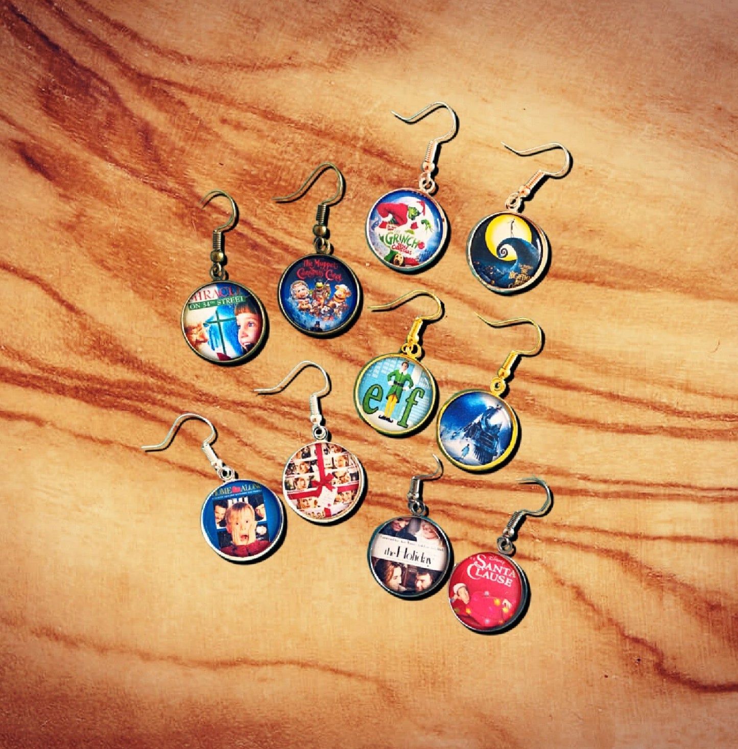 Christmas Movie Poster Earrings. Necklace. Holiday Film Jewellery. Elf. Santa Clause. Grinch. Home Alone. It's a Wonderful Life. Muppets.