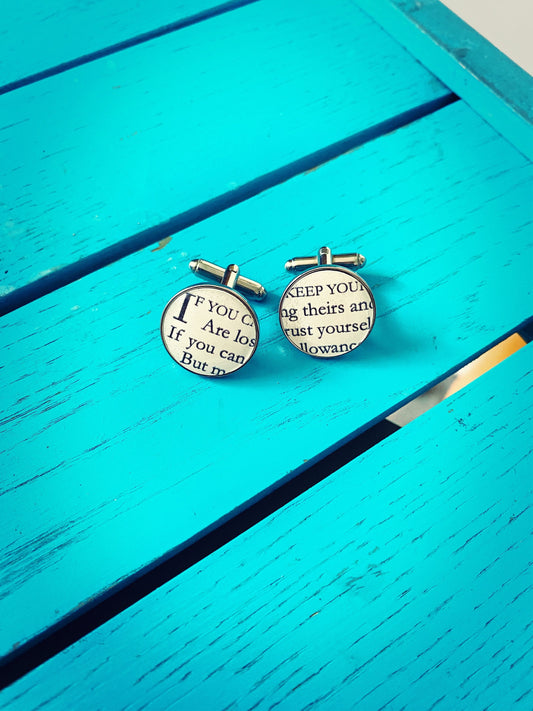 IF Poem Rudyard Kipling - Recycled book page cufflinks. Poetry gift. Triumph & Disaster. The unforgiving minute. Vintage book. Wedding. Dad.