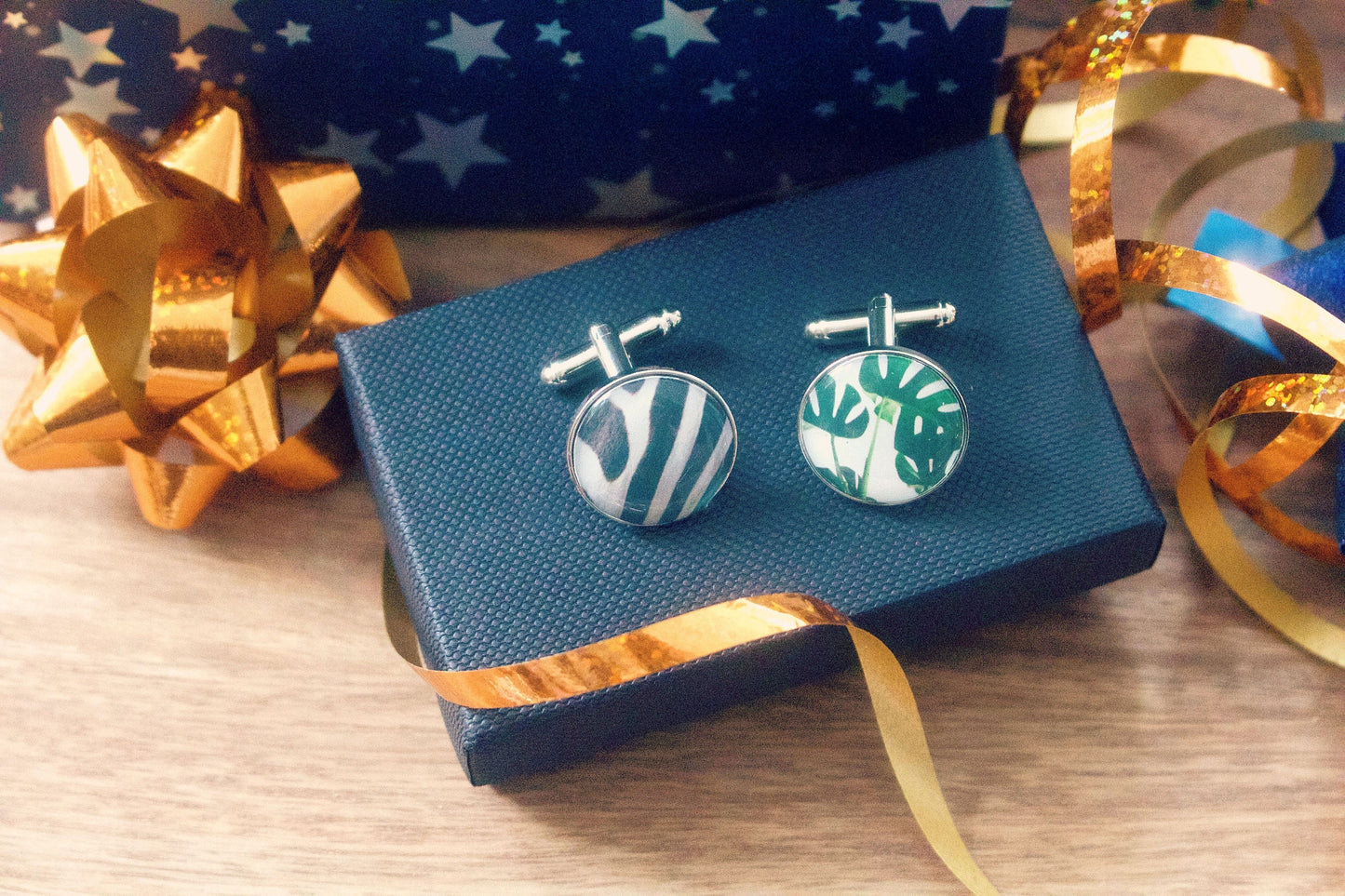 Nature Inspired Cufflinks. Zebra. Tropical Plants. Bees. Peacock feathers. Unique, personalised designs. Christmas gift for him. Vegan.