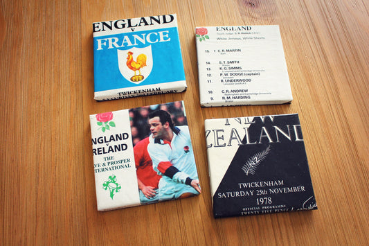 Upcycled Rugby Programme Coasters. Vintage Rugby Gift Unique Memento Iconic sports events match. World Cup Final Six Nations Rugby Lover