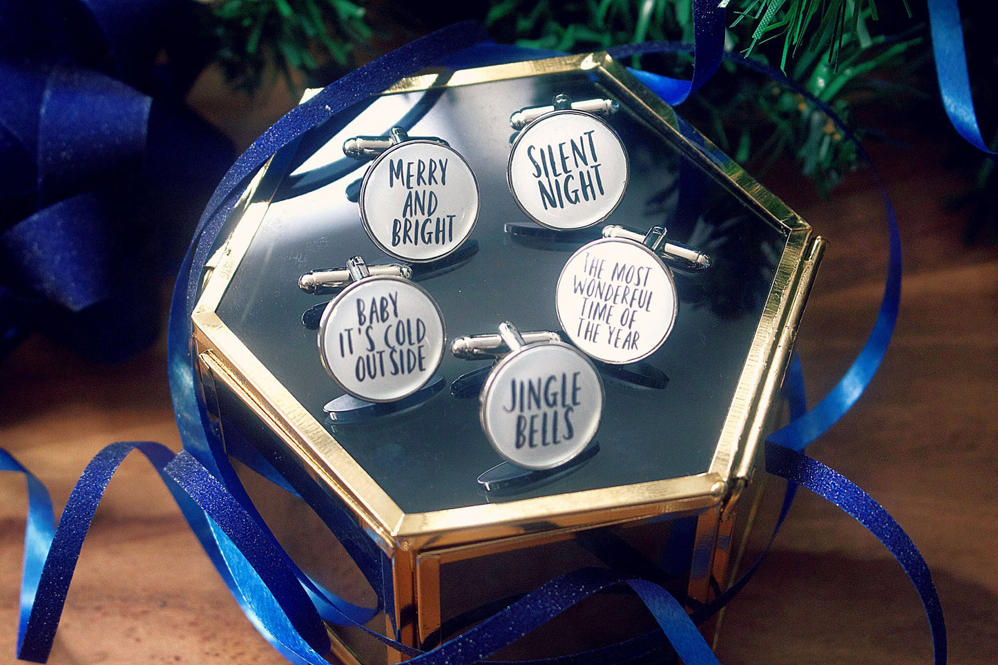 Christmas Carol Cufflinks. Personalised Xmas party jewellery. Song lyrics. Jingle Bells. Silent Night. Let it Snow. Baby its cold outside
