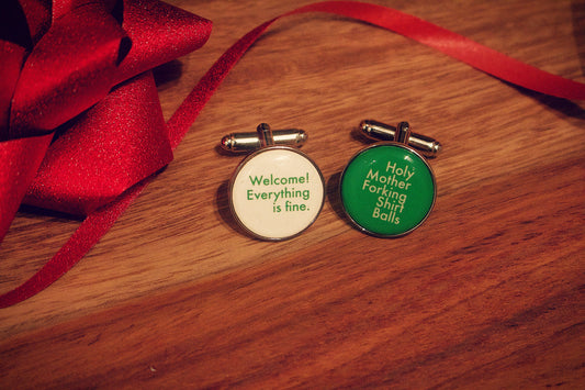 Novelty cufflinks inspired by The Good Place. Holy Mother Forking Shirt Balls. Welcome Everything is fine. TV fan. Comedy gift. Secret Santa
