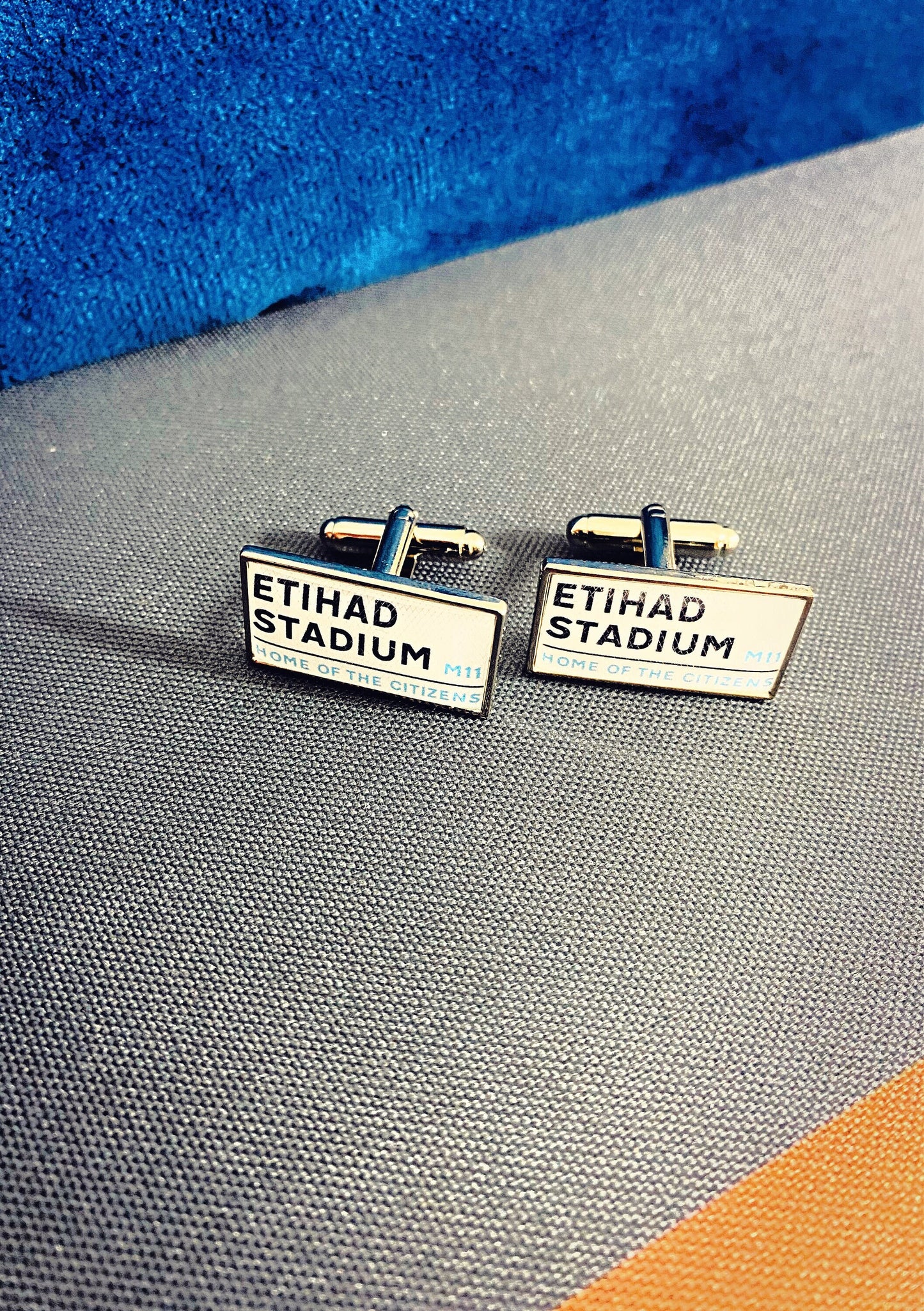 Man City Football Stadium Cufflinks. Etihad Stadium. Maine Road Gift for Citizens Fan. Manchester Road Sign Tie Bar Personalised Street Name