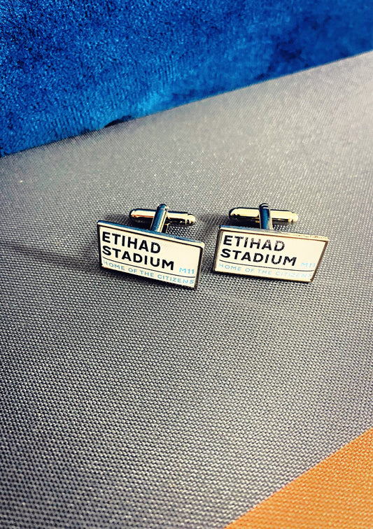 Man City Football Stadium Cufflinks. Etihad Stadium. Maine Road Gift for Citizens Fan. Manchester Road Sign Tie Bar Personalised Street Name