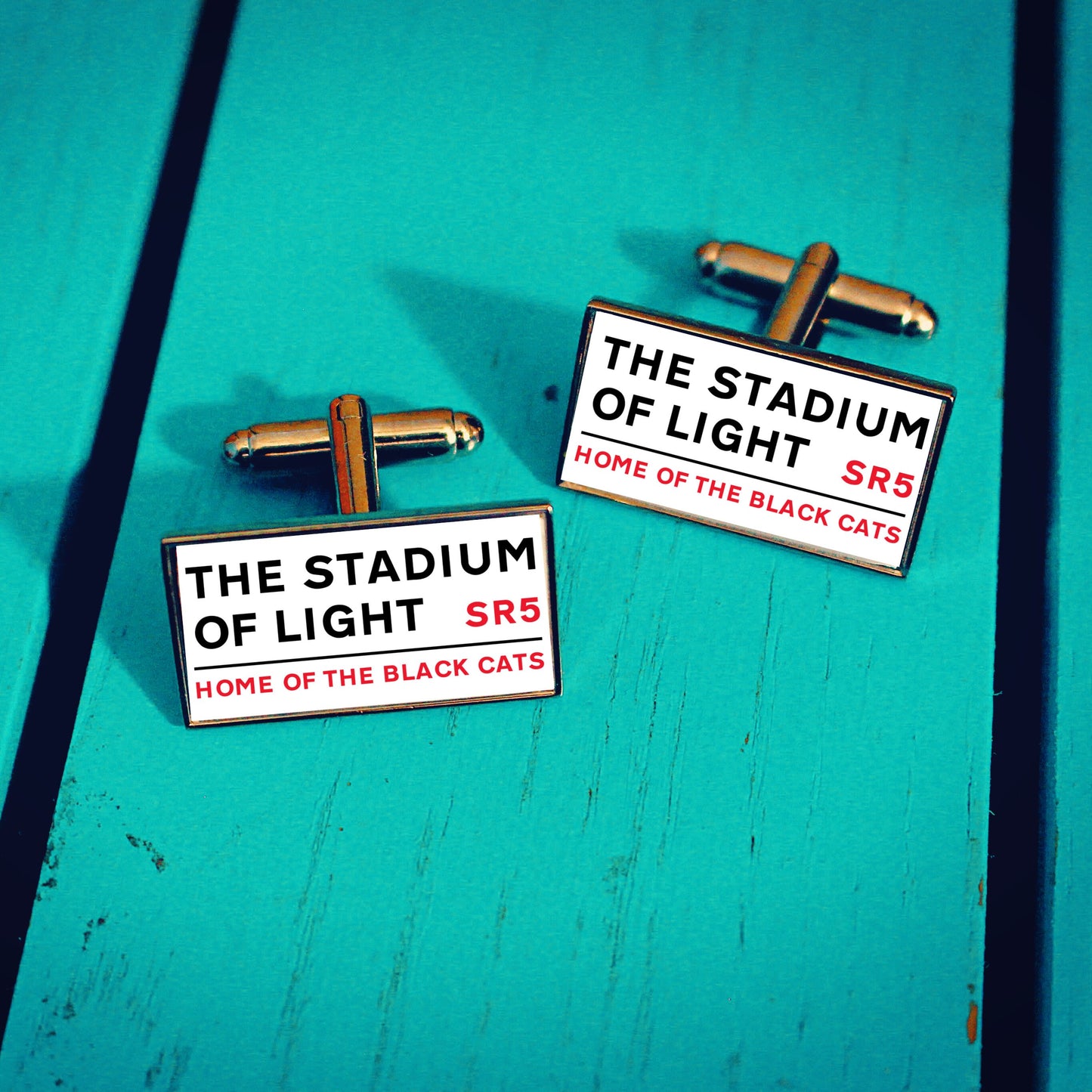 Sunderland Football Stadium Cufflinks. The Stadium of Light. Gift for The Black Cats Fan. Road Sign Tie Bar. Personalised Street Name.