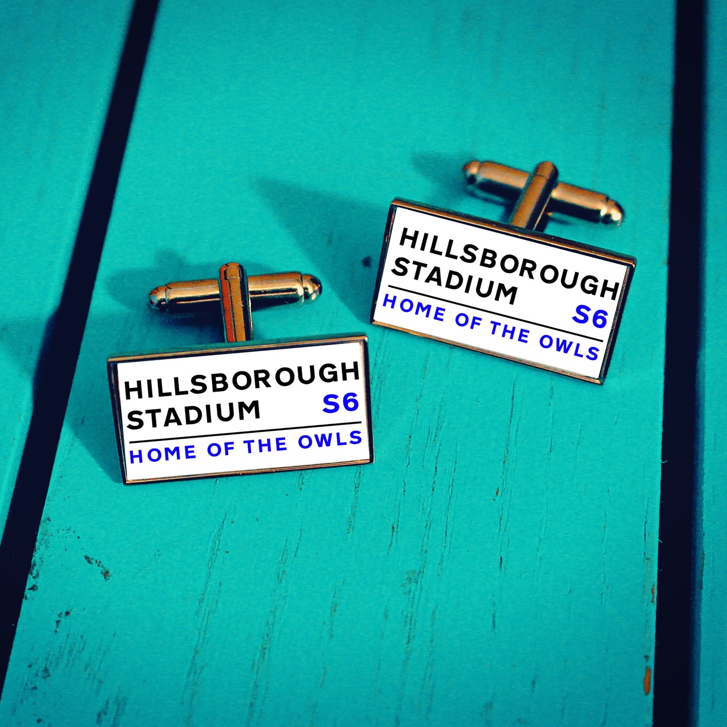 Sheffield Wednesday Football Shirt Cufflinks. Hillsborough Stadium. Gift for Owls Fan. Road Sign Tie Bar Personalised Name and Number
