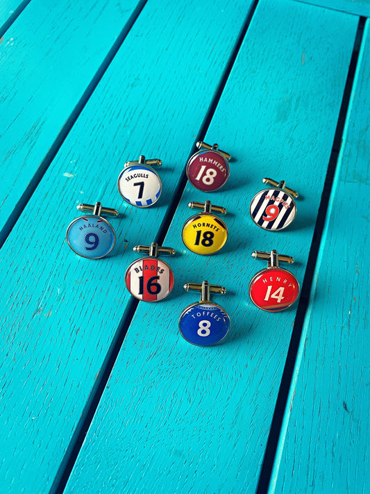 Football shirt cufflinks. Personalised name and number. Favourite player/ Your name. Premier League. Arsenal. Liverpool. Man Utd. Spurs.