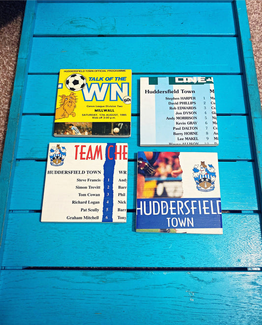 Vintage Huddersfield Town Football Programme Coasters. Upcycled Football Gift. Man Cave Home Decor. Retro Football Gift for Dad.