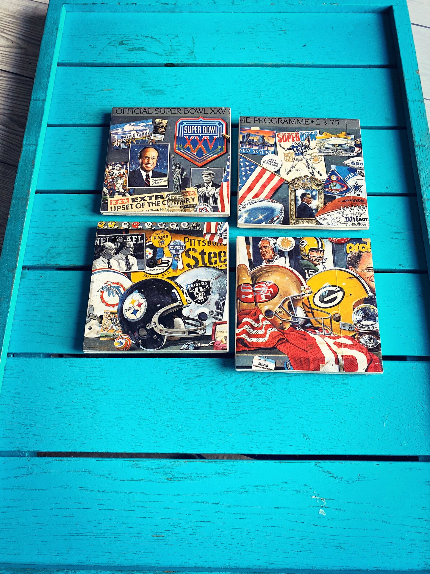 Vintage American Football Super Bowl Programme Coasters. Upcycled NFL Gift Football Gift for Dad SuperBowl XXV Buffalo Bills New York Giants