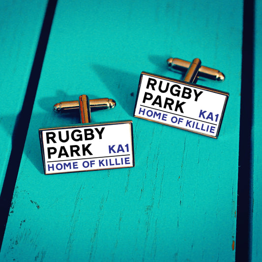 Kilmarnock Football Stadium Cufflinks. Rugby Park Stadium. Gift for Killie Fan. Road Sign Tie Bar Personalised Name. Christmas. Scotland.