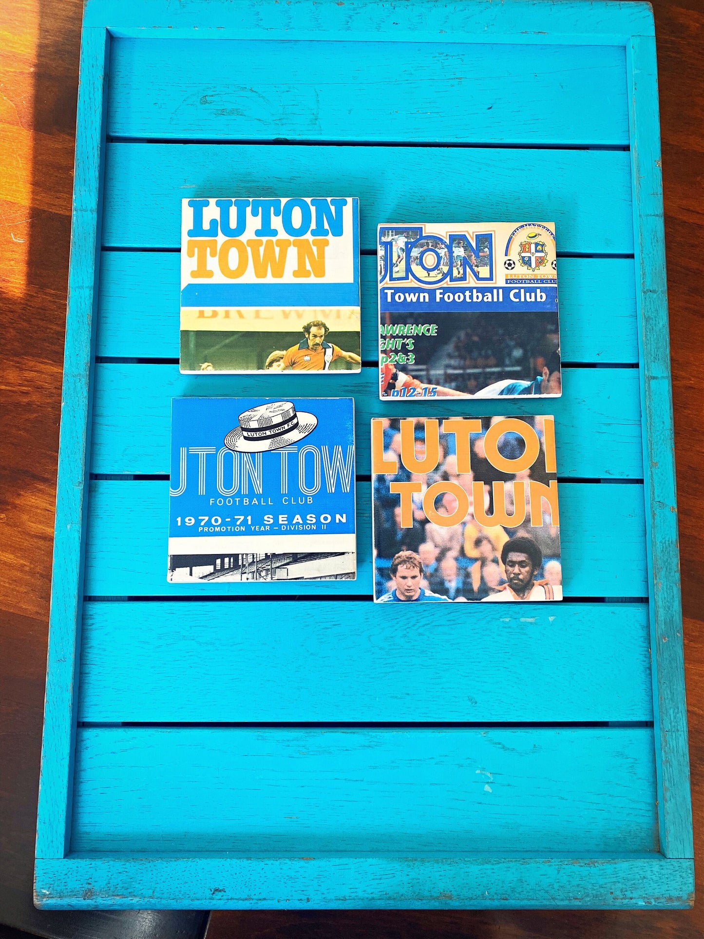 Vintage Luton Town Football Programme Coasters. Upcycled Football Gift. Man Cave Home Decor. Retro Football Gift for Dad. Hatters.