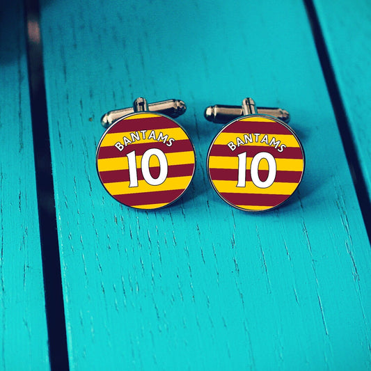 Bradford City Football Shirt Cufflinks. Valley Parade Stadium. Gift for Bantams Fan. Road Sign Tie Bar Personalised Name Number. Christmas