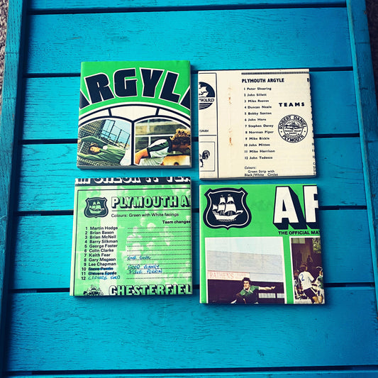 Vintage Plymouth Argyle Football Programme Coasters. Upcycled Football Gift. Man Cave Home Decor. Retro Football Gift for Dad.