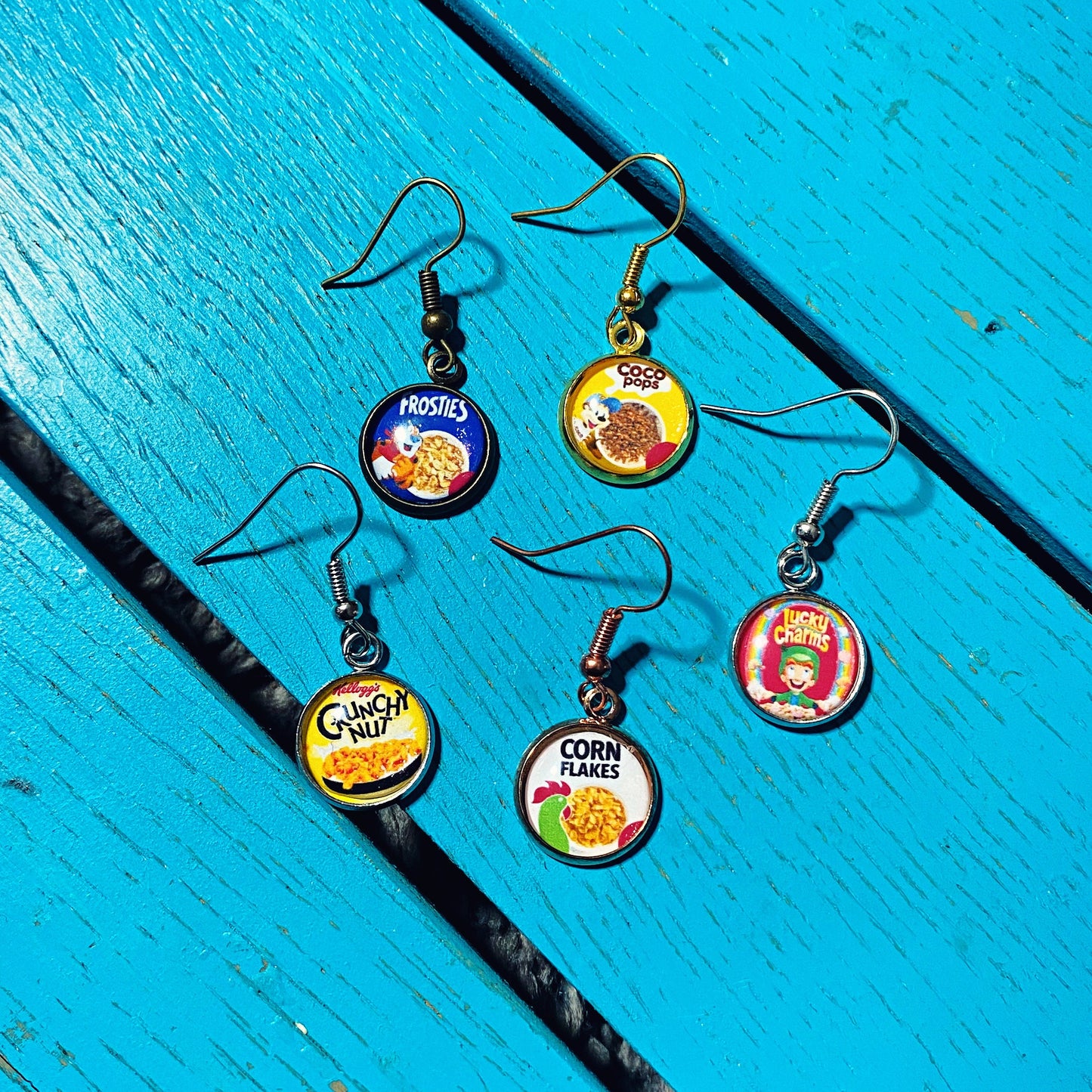 Retro Cereal Box Necklace. Breakfast Cereal Characters. Lucky Charms. Novelty Pendant. Funny Jewellery for her. Cereal Earrings.