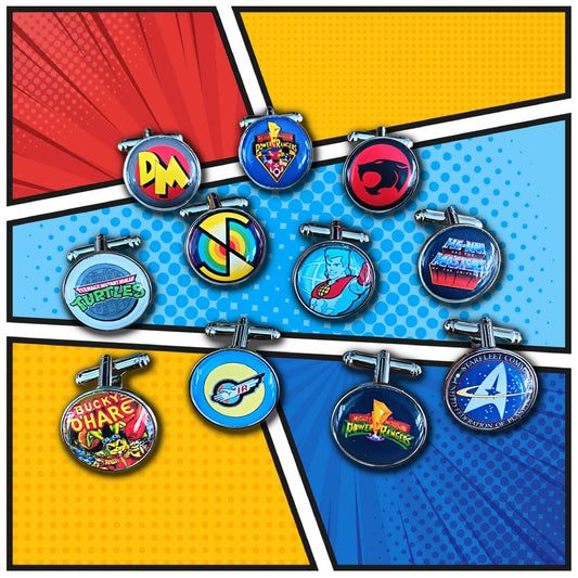 Retro TV Show Cufflinks. Vintage Cartoon. 80s 90s Superhero logo. Groomsmen Cufflinks. Novelty Wedding Gift. Film Movie Lover. Pocket Watch.