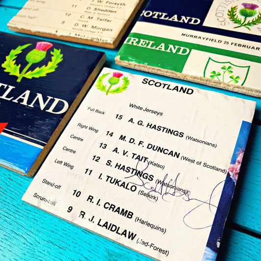 Vintage Scotland Rugby Programme Coasters. Upcycled Rugby Gift. Man Cave Home Decor. Retro Rugby Gift for Dad. Scott Hastings Autograph.